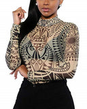 Women Bodysuits Ethnic Sexy Long Sleeve Shirt Jumpsuit Bodysuit Stretch Leotard Slim Print Bodycon Summer Bodysuit Tops-Outfit