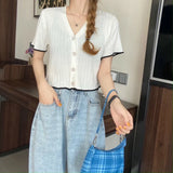 Ice Silk Cardigan Women Summer Thin Outer BM Style Short V Collar Knitted Temperament Shirt Coat Women Ins