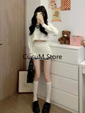 Fashion Y2k 2 Piece Set Woman Casual Knitting Sweater Tops + Slim Bodycon Mini Skirts Elegant Solid Suit Office Lady Chic-Outfit