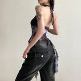 Fongt 2024 New Women's Half High Collar Flounce Sleeveless Print Mesh Slim Small Vest-Outfit