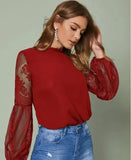 Fongt New 褶領透视 Tulle Lace Lantern Sleeve Temperament Blouse