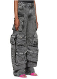 Fongt Hot Women's New Retro Casual Hole-Breaking Workwear Wide-Legged Multi-Bag