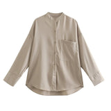 New Women Simply Stand Collar Solid Green Casual Kimono Shirt Female Pocket Patch Blouse Roupas Chic Blusas Tops