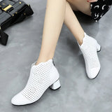2021 Summer Ankle Boots Genuine Leather Shoes Women Med High Heel Back Zipper Boots Cutout breathable Mujer