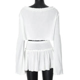 White Long Sleeve Crop Top And Micro Pleated Mini Skirt Set-Outfit