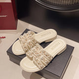 Fongt Summer New Small Scented Pearl Slippers Women Wear Flat Bottom One-Word Drag Beach Cool Drag Skirt