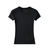 Summer New Women's Elastic Thread Solid Color T-Shirt Basic Short-Sleeved Large Round Neck Long Blouse-Outfit