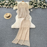Fongt Wind High-End Sleek Crochet Knitting Set Of Women's Round Collar Long Sleeve Blouse High-Waisted Hip Skirt