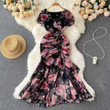 Fongt Retro Niche Design Drawstring Print V-Neck Dress Summer Women's Pocketed Fishtail Skirt Tide