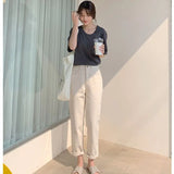 Fongt Waist Jeans Female 2024 New Autumn Thin Model Versatile Show Thin Loose Straight Tube Nine Points Trend White Pants-Outfit