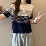 Fongt Gradient Striped T-Shirt Women's Summer New Oceanic Ice Silk Sleeve