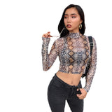 Fongt Style 2024 Hot Selling Autumn And Winter New Women's Long Sleeve Round Collar Short Snake Grain T-Shirt-Outfit