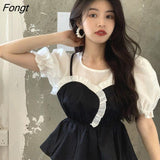 Two Pieces Blouses Women Design Ruffles Elegant O-neck Puff Short Sleeve Shirts Panelled Fresh Defined Waist Mujer