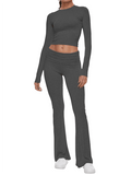 Long Sleeve Cropped Top Fold-over Flare Pants Set-Outfit