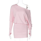 Solid Off Shoulder Long Sleeve Mini Dress-Outfit