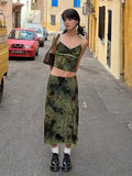 Fongt Retro Print High-Waisted Hips Half-Dress Hottie Lake Embankment Green Girl White Temperament Dress