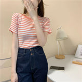 Summer Round Collar Thin Striped Ice Knitted Jersey Short-Sleeved T-Shirt Blouse