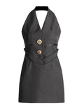 2025 Spring New Fashion Temperament Hanging Neck Deep V Bare Back To The Waist Thin Pocket Splicing High-Sense Dress