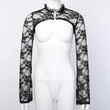 Horn Sleeve Black Collar V Inner Blouse The Court Tight Long-Sleeved Perspective Lace Bottomed Shirt-Outfit