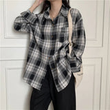Vintage Oversized Plaid Long Sleeve Blouse-Outfit
