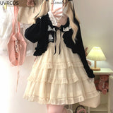 Cute Lolita Style Short Cardigan Women Gothic Y2k Bow Ruffles Lace-ups Knitted Coat Korean Fashion Casual Loose Crop Tops-Outfit