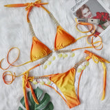 Fongt New Sexy Strap Gradient Print Women's Split Swimsuit Luxury Crystal Diamond Bikini Shell