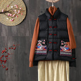 New Retro National Style Down Vest Outside The Female Wear Plate Buckle White Duck Down Pocket Embroidered Vest Down Inside-Outfit