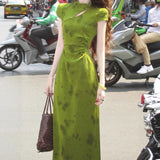 Fongt Chinese White Design Feeling Small Gentle And Comfortable Green Butterfly Flaking Cheongsam Women's Two-Color Dress