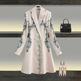 women's suit collar long sleeve double breasted printed waistband windbreaker medium and long temperament coat