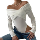 Fongt And Autumn New Women's Shoulder V Neck Pleated Long Sleeve Jacket Tight Temperament