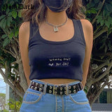 Dark Knitted Gothic Indie Style Black Tank Tops Casual White Women Sleeveless Crop Tops Skinny Letter Embroidery