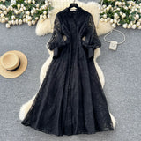 Fongt Retro Elegant Dress Woman 2025 New High-End Collar Single Buckle Waist Embroidery Mesh Dress