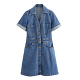 Spring Denim Waist Short-Sleeved Mini Dress 1879038-Outfit