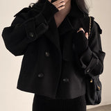 Fongt Chic Autumn And Winter French Vintage Suit Collar Double Breasted Pocket Small Loose Versatile Woolen Short Coat Woman-Outfit