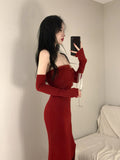 Knitted Y2k Dress Women's Sleeveless Halter Split Sexy Solid Stretch Slim Fit Backless Retro Party Elegant-Outfit