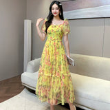 Fongt Gentle Wind And Rags Retro Tea Chiffon Dress Female Waist Temperament Shoulder Bubble Sleeve Mesh Dress