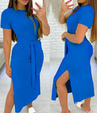 Fongt Round Neck Short Sleeve Slit A-Line Dress Tie Print Women's