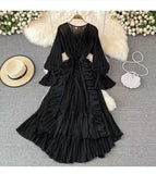 Fongt Fairy Seaside Holiday Chiffon Dress Female Lotus Lace V Collar Temperament Folded Waist Thin Swing Dress