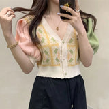 New 2022 Korean Fashion Puff Sleeve Color Blocking Cardigans Knitted Women Summer Elegant Lady Short Tops