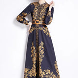 Fongt Retro Elegant Print Dress Women's Spring New French Court Style Waist Single Buckle Long Dress