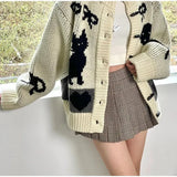 Bow Printed Knitted Cardigan-Outfit