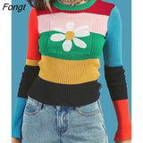 Striped Rain Bow Knitted Sweater Women 2018 Autumn Flower O Neck Elastic Stretchy Sweater Cotton Tops Multicolor