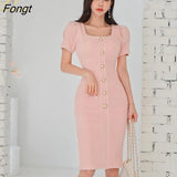 Han Queen Elegant Office Pencil Dress Women Summer Sheath Dresses Simple Single-breasted Knee-Length Party Bodycon