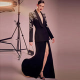 Fongt New Star Fashion Heavy Industry Diamond Nail Beads Blazer Open Fork Fishtail Long Dress