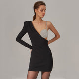 Long One Sleeve Rhinestone Cup Mini Dress-Outfit
