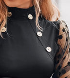 E-Commerce New Thin High-Collar Perspective Net Gauze Flocking Long-Sleeved T-Shirt Tight Top Woman-Outfit