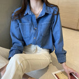 Fongt Blue Retro Shoulder Harbor Style Soft Denim Shirt New Spring And Autumn 2024 Spring New Small Jacket-Outfit