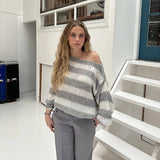 Knit Striped Off-shoulder Sweater-Outfit