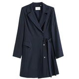 Notched Regular Full Sleeve Dress Elastic Waist Knee-Length Asymmetrical Dress Solid Office Lady Spring New