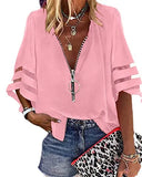 Zipper Half Bell Sleeve Mesh Solid Color Stitching Loose Casual Women's